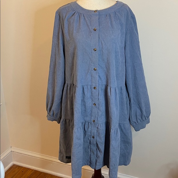 Simply Southern Blue Corduroy Tiered Button Front Dress Long Sleeve Size L EUC - Picture 1 of 5
